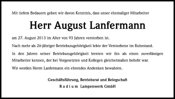 Anzeige von August Lanfermann von Kölner Stadt-Anzeiger / Kölnische Rundschau / Express