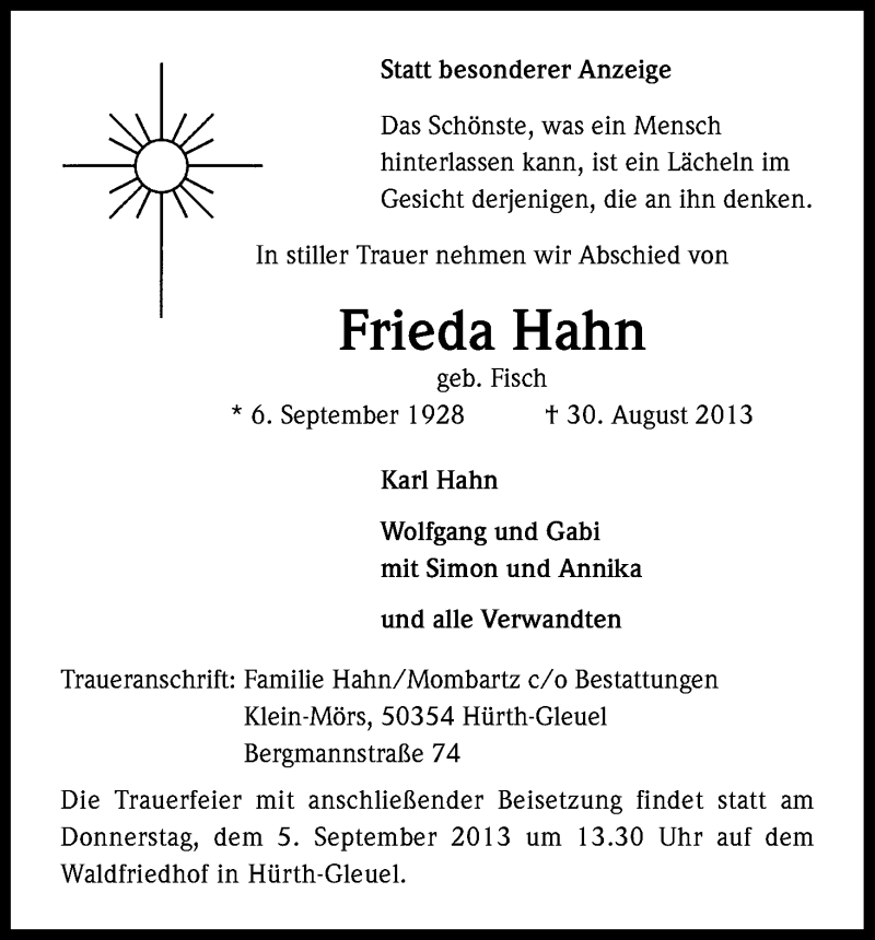 Traueranzeige für Frieda Hahn vom 03.09.2013 aus Kölner Stadt-Anzeiger / Kölnische Rundschau / Express