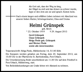 Anzeige von Helmi Grünspeck von Kölner Stadt-Anzeiger / Kölnische Rundschau / Express