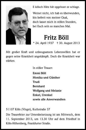 Anzeige von Fritz Böll von Kölner Stadt-Anzeiger / Kölnische Rundschau / Express