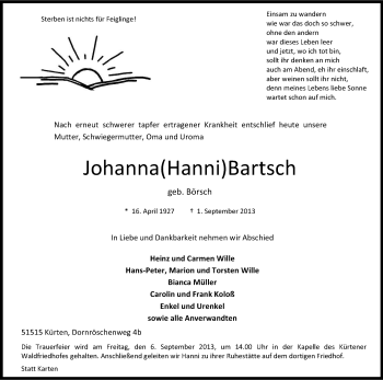 Anzeige von Johanna Bartsch von Kölner Stadt-Anzeiger / Kölnische Rundschau / Express