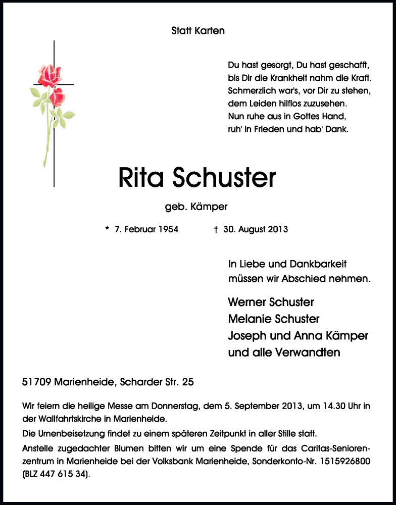  Traueranzeige für Rita Schuster vom 03.09.2013 aus Kölner Stadt-Anzeiger / Kölnische Rundschau / Express