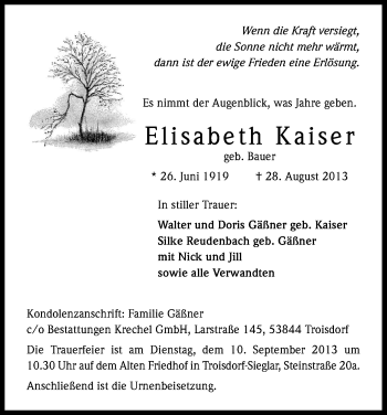 Anzeige von Elisabeth Kaiser von Kölner Stadt-Anzeiger / Kölnische Rundschau / Express