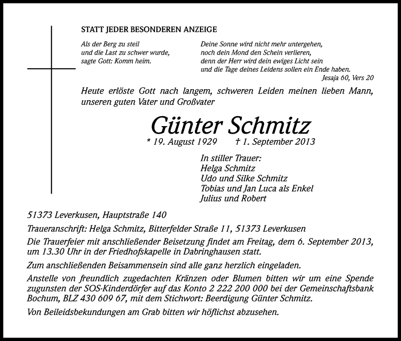  Traueranzeige für Günter Schmitz vom 03.09.2013 aus Kölner Stadt-Anzeiger / Kölnische Rundschau / Express