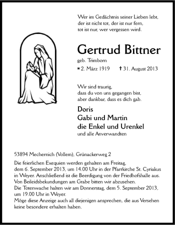 Anzeige von Gertrud Bittner von Kölner Stadt-Anzeiger / Kölnische Rundschau / Express