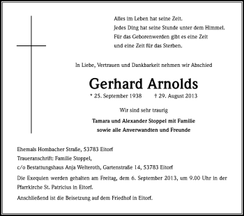 Anzeige von Gerhard Arnolds von Kölner Stadt-Anzeiger / Kölnische Rundschau / Express