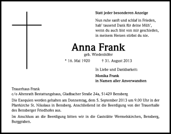 Anzeige von Anna Frank von Kölner Stadt-Anzeiger / Kölnische Rundschau / Express