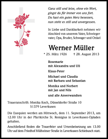 Anzeige von Werner Müller von Kölner Stadt-Anzeiger / Kölnische Rundschau / Express