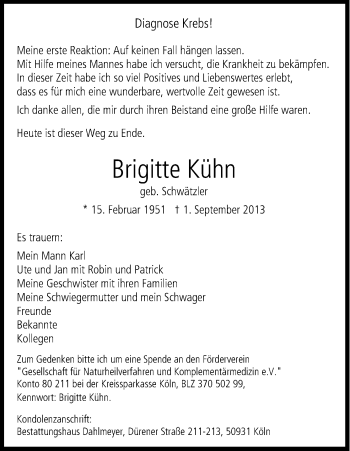 Anzeige von Brigitte Kühn von Kölner Stadt-Anzeiger / Kölnische Rundschau / Express