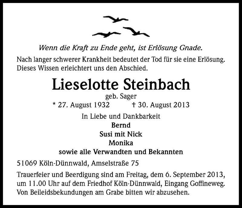  Traueranzeige für Lieselotte Steinbach vom 04.09.2013 aus Kölner Stadt-Anzeiger / Kölnische Rundschau / Express