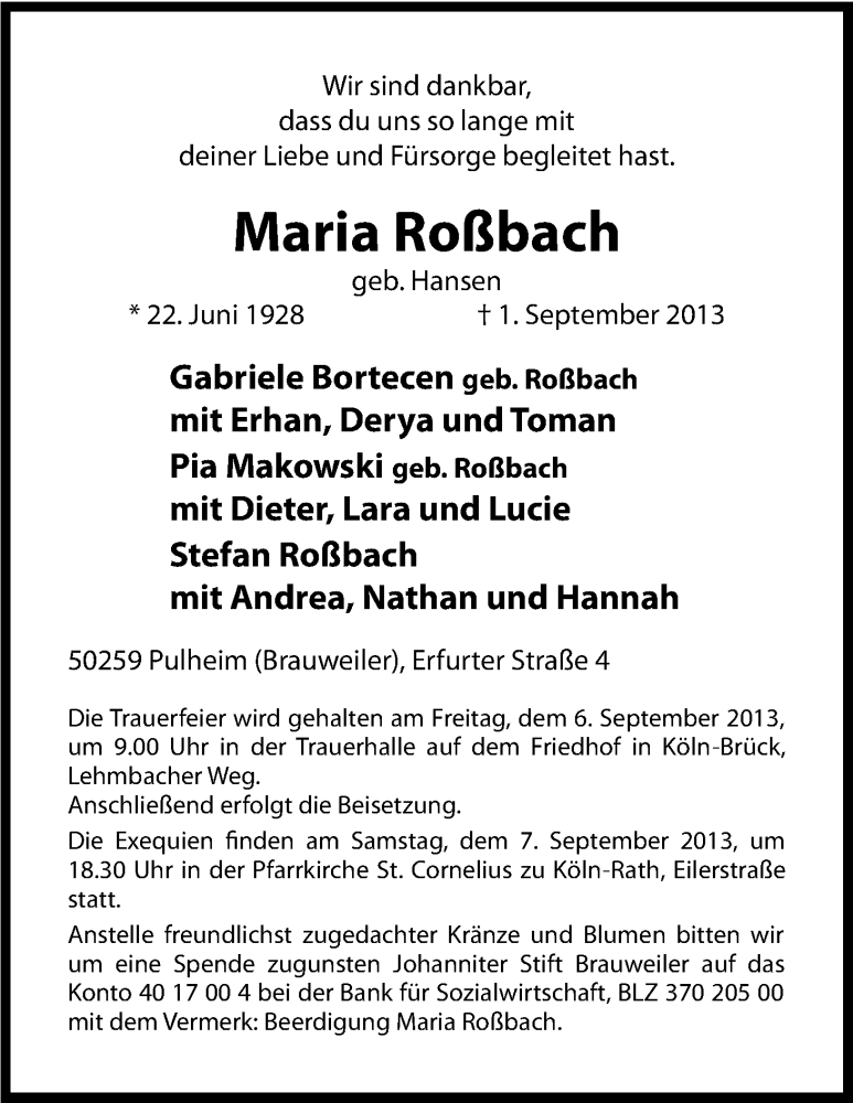  Traueranzeige für Maria Roßbach vom 04.09.2013 aus Kölner Stadt-Anzeiger / Kölnische Rundschau / Express
