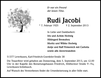 Anzeige von Rudi Jacobi von Kölner Stadt-Anzeiger / Kölnische Rundschau / Express