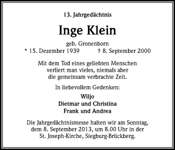 Anzeige von Inge Klein von Kölner Stadt-Anzeiger / Kölnische Rundschau / Express