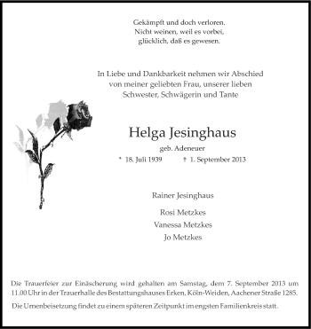 Anzeige von Helga Jesinghaus von Kölner Stadt-Anzeiger / Kölnische Rundschau / Express