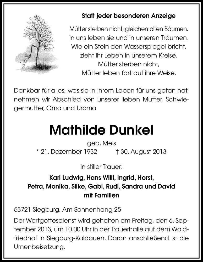 Traueranzeige für Mathilde Dunkel vom 04.09.2013 aus Kölner Stadt-Anzeiger / Kölnische Rundschau / Express