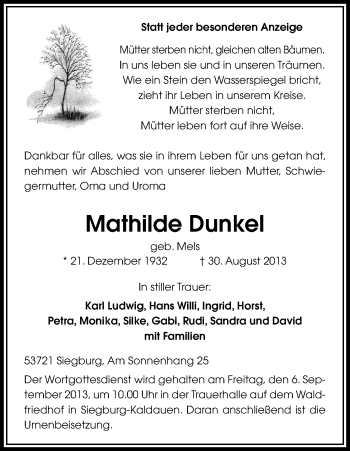 Anzeige von Mathilde Dunkel von Kölner Stadt-Anzeiger / Kölnische Rundschau / Express