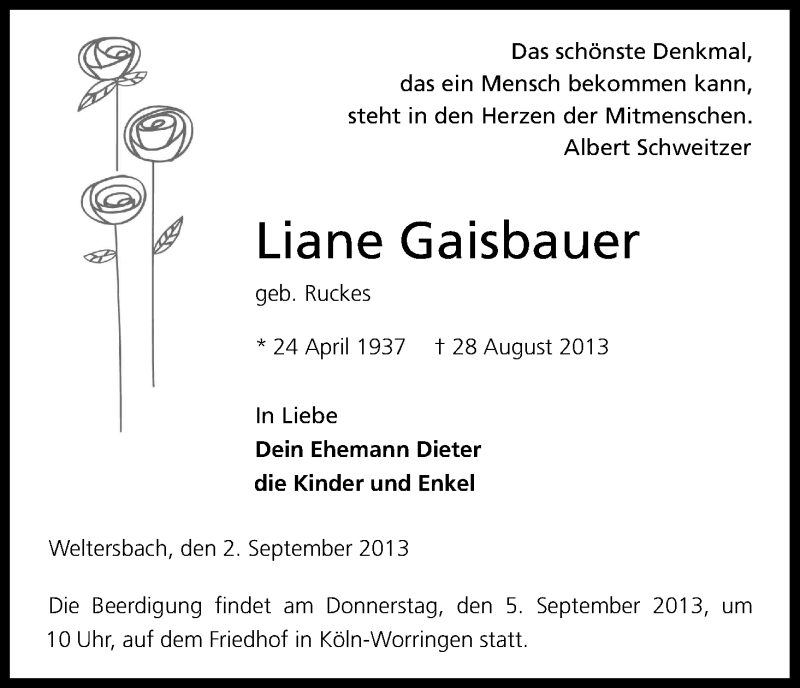  Traueranzeige für Liane Gaisbauer vom 04.09.2013 aus Kölner Stadt-Anzeiger / Kölnische Rundschau / Express