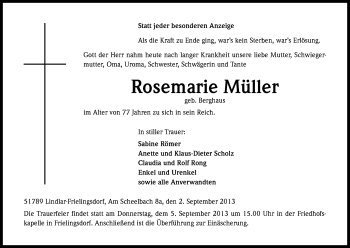 Anzeige von Rosemarie Müller von Kölner Stadt-Anzeiger / Kölnische Rundschau / Express