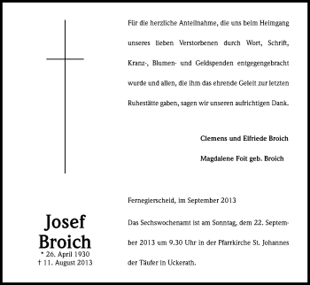 Anzeige von Josef Broich von Kölner Stadt-Anzeiger / Kölnische Rundschau / Express