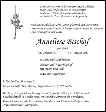 Anzeige von Anneliese Bischof von Kölner Stadt-Anzeiger / Kölnische Rundschau / Express
