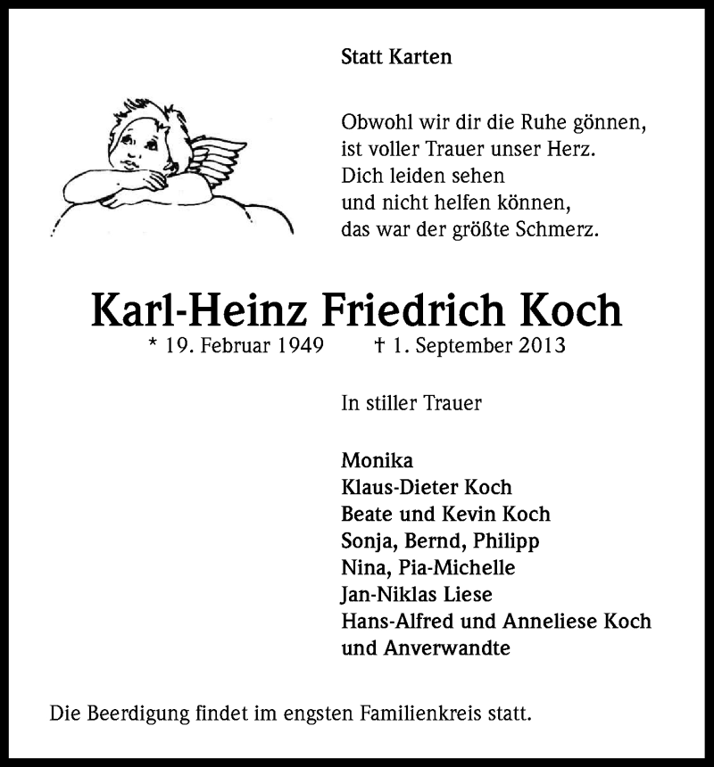  Traueranzeige für Karl-Heinz Friedrich Koch vom 04.09.2013 aus Kölner Stadt-Anzeiger / Kölnische Rundschau / Express