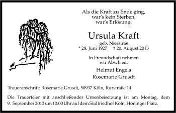 Anzeige von Ursula Kraft von Kölner Stadt-Anzeiger / Kölnische Rundschau / Express