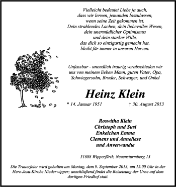 Anzeige von Heinz Klein von Kölner Stadt-Anzeiger / Kölnische Rundschau / Express