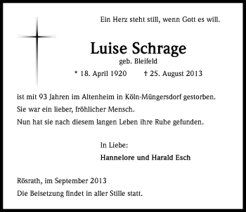 Anzeige von Luise Schrage von Kölner Stadt-Anzeiger / Kölnische Rundschau / Express