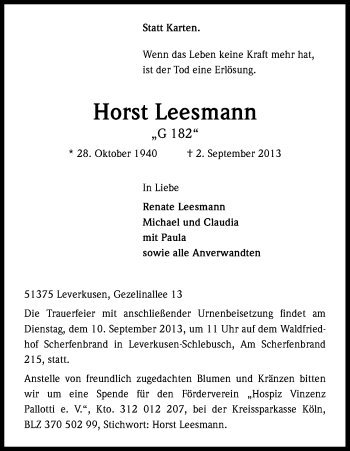 Anzeige von Horst Leesmann von Kölner Stadt-Anzeiger / Kölnische Rundschau / Express