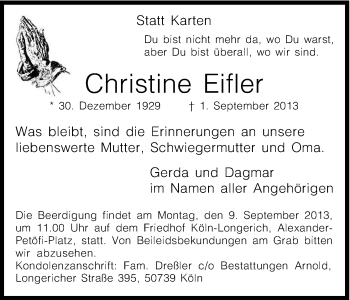 Anzeige von Christine Eifler von Kölner Stadt-Anzeiger / Kölnische Rundschau / Express