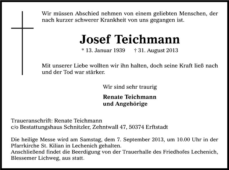  Traueranzeige für Josef Teichmann vom 04.09.2013 aus Kölner Stadt-Anzeiger / Kölnische Rundschau / Express