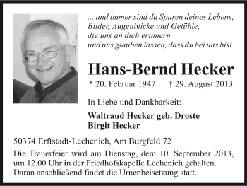 Anzeige von Hans-Bernd Hecker von Kölner Stadt-Anzeiger / Kölnische Rundschau / Express