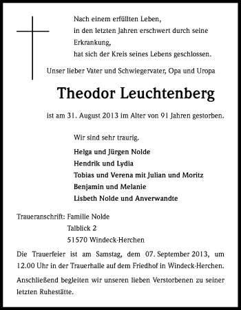 Anzeige von Theodor Leuchtenberg von Kölner Stadt-Anzeiger / Kölnische Rundschau / Express