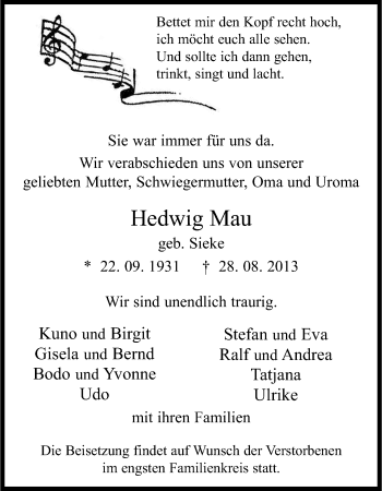 Anzeige von Hedwig Mau von Kölner Stadt-Anzeiger / Kölnische Rundschau / Express