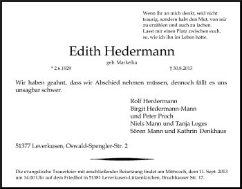 Anzeige von Edith Hedermann von Kölner Stadt-Anzeiger / Kölnische Rundschau / Express