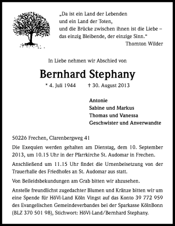 Anzeige von Bernhard Stephany von Kölner Stadt-Anzeiger / Kölnische Rundschau / Express