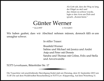 Anzeige von Günter Werner von Kölner Stadt-Anzeiger / Kölnische Rundschau / Express