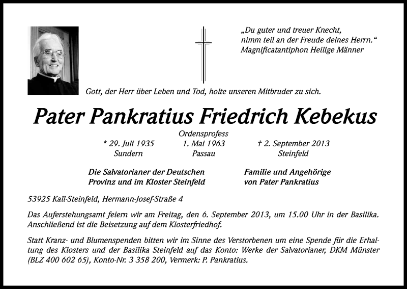  Traueranzeige für Friedrich Kebekus vom 04.09.2013 aus Kölner Stadt-Anzeiger / Kölnische Rundschau / Express