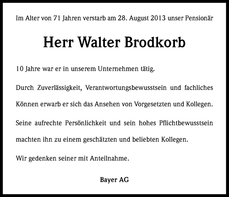  Traueranzeige für Walter Brodkorb vom 04.09.2013 aus Kölner Stadt-Anzeiger / Kölnische Rundschau / Express