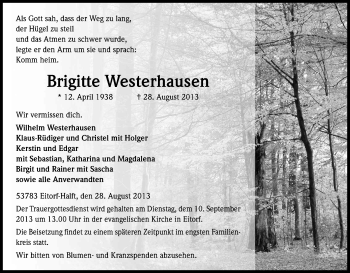 Anzeige von Brigitte Westerhausen von Kölner Stadt-Anzeiger / Kölnische Rundschau / Express