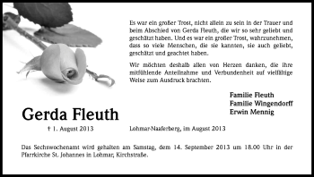 Anzeige von Gerda Fleuth von Kölner Stadt-Anzeiger / Kölnische Rundschau / Express