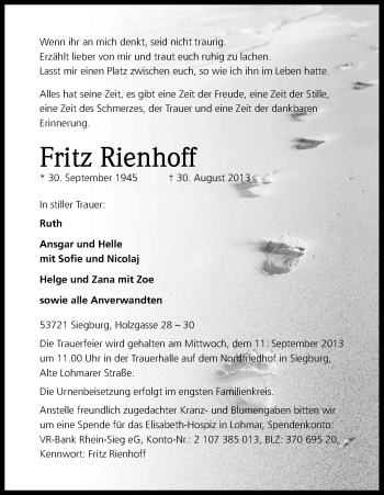 Anzeige von Fritz Rienhoff von Kölner Stadt-Anzeiger / Kölnische Rundschau / Express
