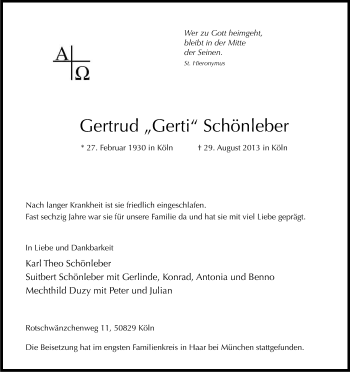 Anzeige von Gertrud Schönleber von Kölner Stadt-Anzeiger / Kölnische Rundschau / Express
