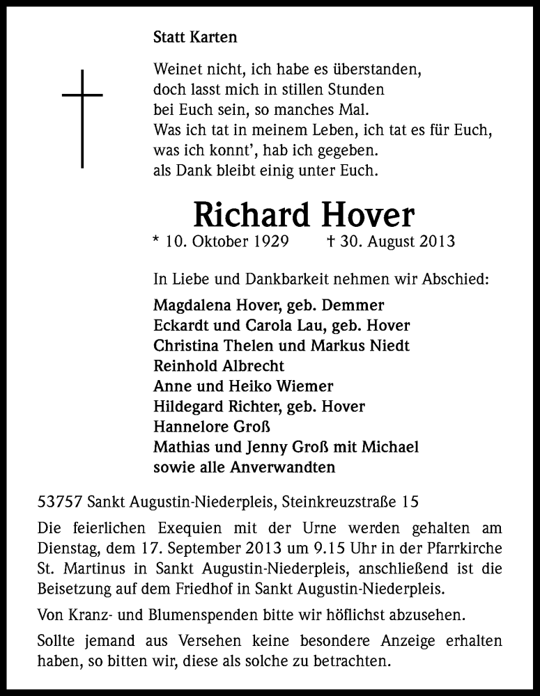  Traueranzeige für Richard Hover vom 11.09.2013 aus Kölner Stadt-Anzeiger / Kölnische Rundschau / Express