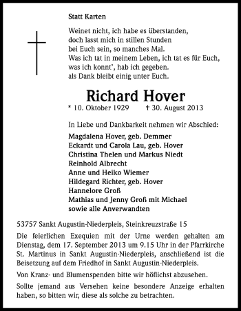 Anzeige von Richard Hover von Kölner Stadt-Anzeiger / Kölnische Rundschau / Express