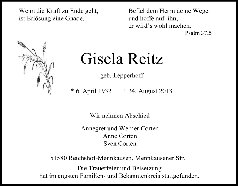 Traueranzeige für Gisela Reitz vom 04.09.2013 aus Kölner Stadt-Anzeiger / Kölnische Rundschau / Express
