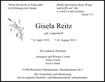 Anzeige von Gisela Reitz von Kölner Stadt-Anzeiger / Kölnische Rundschau / Express