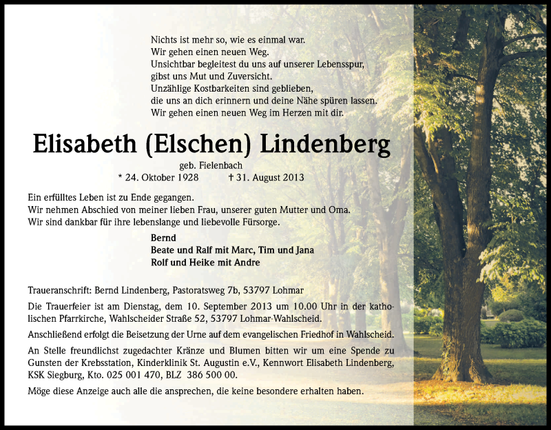  Traueranzeige für Elisabeth Lindenberg vom 07.09.2013 aus Kölner Stadt-Anzeiger / Kölnische Rundschau / Express