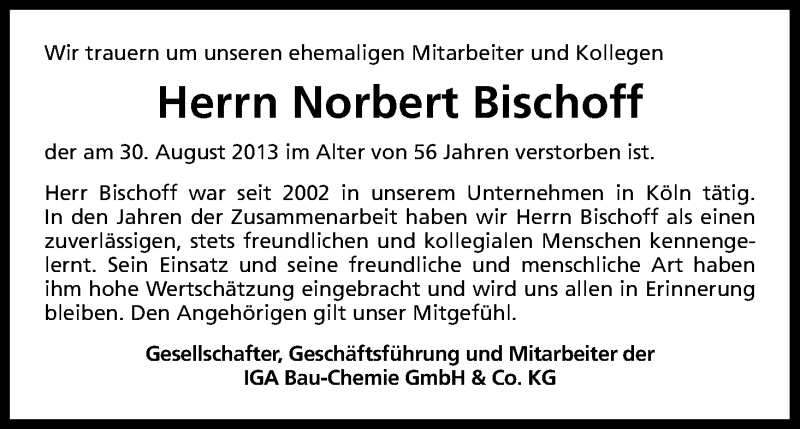  Traueranzeige für Norbert Bischoff vom 04.09.2013 aus Kölner Stadt-Anzeiger / Kölnische Rundschau / Express