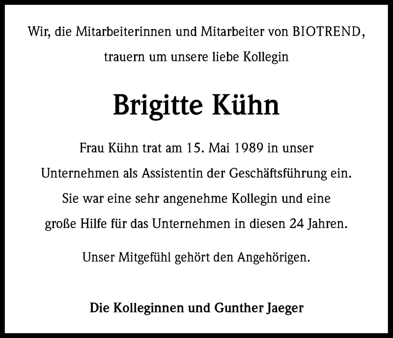  Traueranzeige für Brigitte Kühn vom 07.09.2013 aus Kölner Stadt-Anzeiger / Kölnische Rundschau / Express